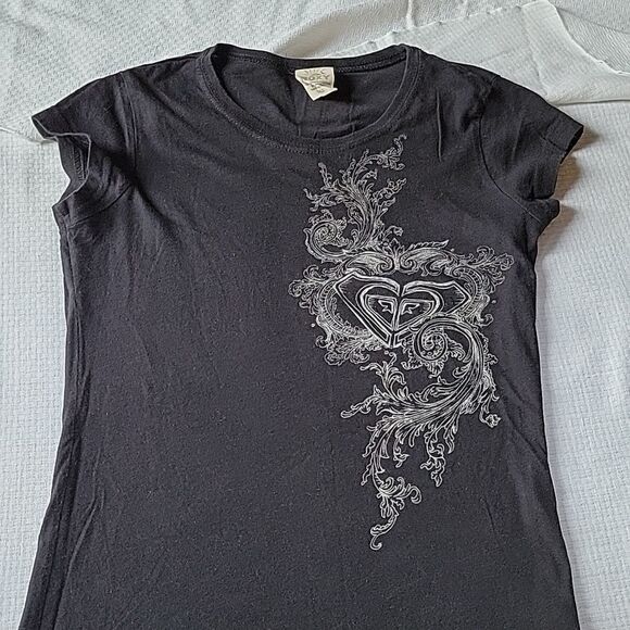 Roxy Black Gray Cap Sleeve Skinny Tee Small EUC - Picture 2 of 8